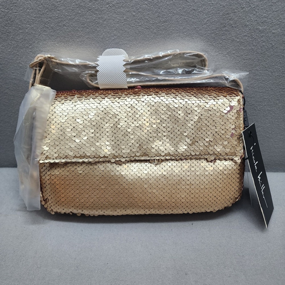 Nicole‎ Miller Crossbody Bag Gold Sequin Metallic Glam Evening Womens NEW